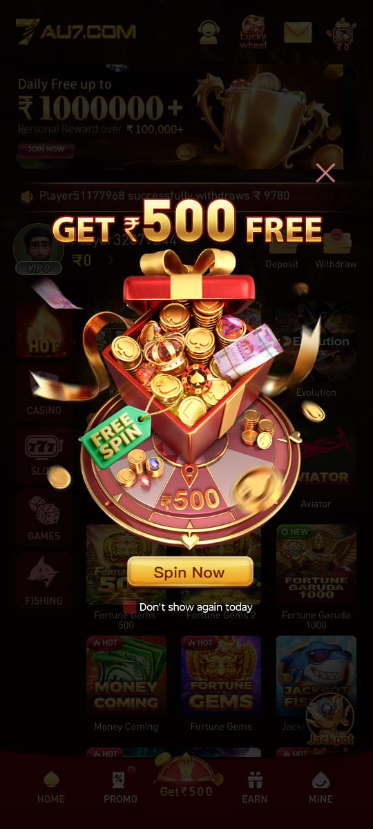 AU7.com ₹500 free bonus promotion with free spins and reward gift